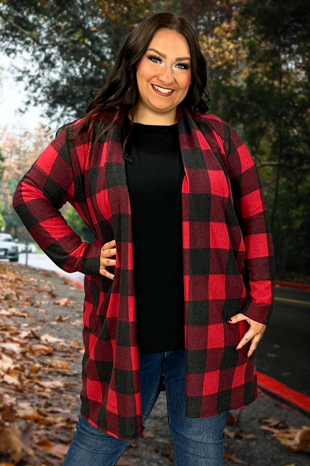 59 OT-I {Somebody To Know} Red Large Check Print Duster EXTENDED PLUS SIZE 1X 2X 3X 4X 5X
