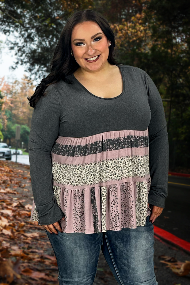 94 CP-D {All I Can See} Charcoal Print Tiered Top PLUS SIZE XL 2X 3X
