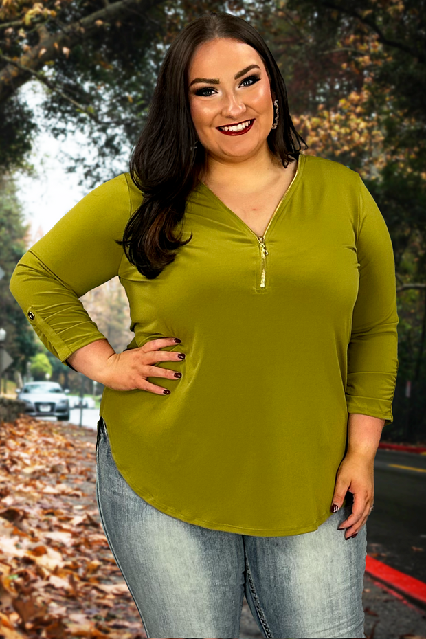 33 SD-B {Classy Threads} Olive Top with  Gold Zipper  Detail PLUS SIZE 1X 2X 3X