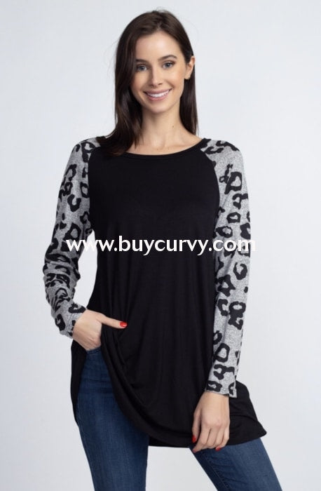 Cp-M {Live-Love-Leopard} Black Tunic Leopard Sleeves Contrast