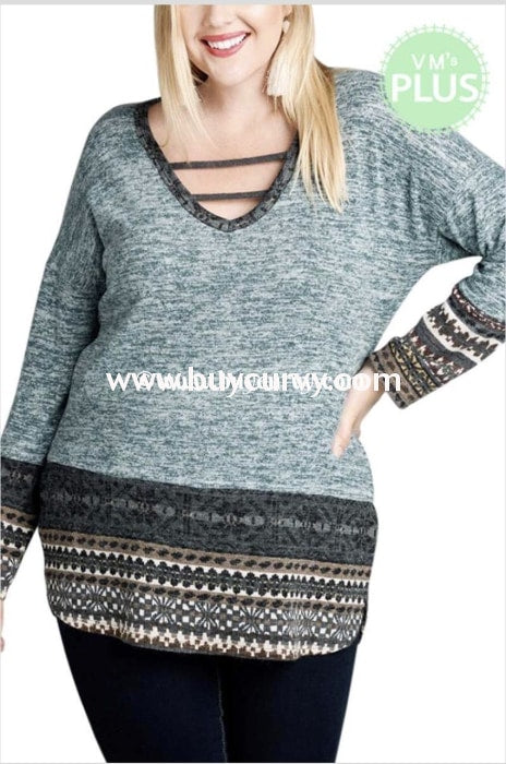 Cp-X {Beck & Call} Slate V-Neck With Ethnic Print Detail Sale!! Contrast
