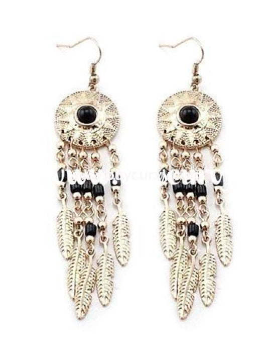 Ear-A Gold Dream Catcher Earrings With Black Stone
