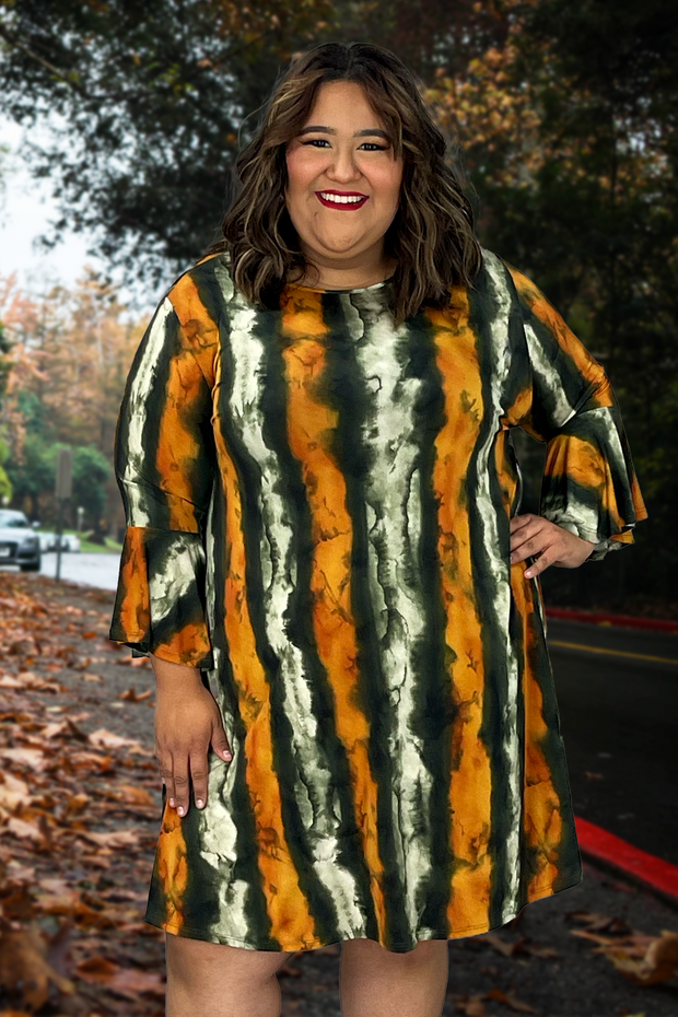 58 PQ-Z {Future Plans} Orange/Olive Bell Sleeve Dress  SALE!!!!  EXTENDED PLUS SIZE 3X 4X 5X