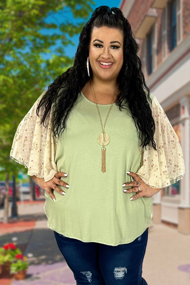 27 CP-F {Staying Cute} Sage Top w/Sheer Floral Sleeve PLUS SIZE XL 2X 3X