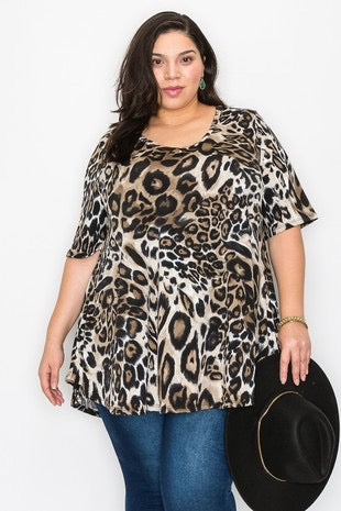 54 PSS-A {Approaching Leopard} Brown Leopard Print Top EXTENDED PLUS SIZE 3X 4X 5X