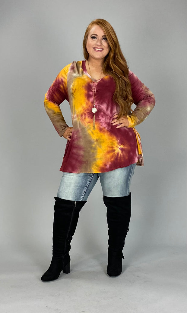 21 PLS-A {Wine & Dine} Wine Tie Dye  V-Neck Top PLUS SIZE XL 2X 3X