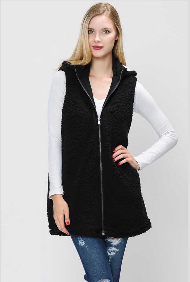 OT-F {Time To Think} Black Cozy Sherpa Vest with Hood