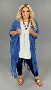 OT-B {Carolina Blue} Cardigan With Fringe Detail & Back Lace Insert PLUS SIZE 1X 2X 3X