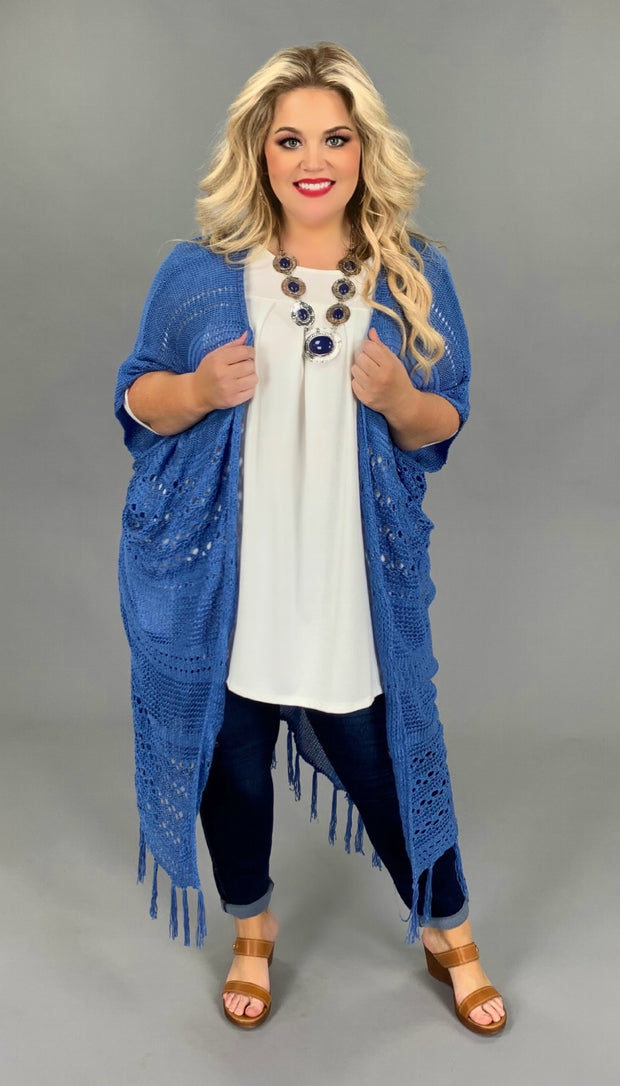 OT-B {Carolina Blue} Cardigan With Fringe Detail & Back Lace Insert PLUS SIZE 1X 2X 3X