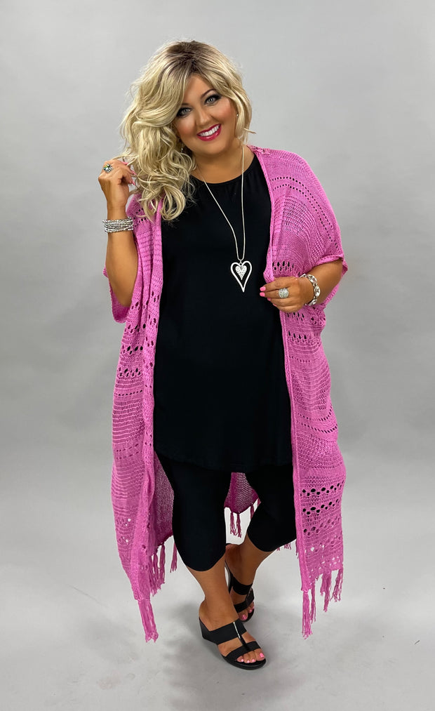 OT-B {MimosaLane} Lt. Orchid Cardigan with Fringe Detail With Back Lace Insert PLUS SIZE 1X 2X 3X