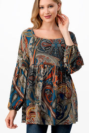 11 PLS-A {My World Now} Teal Paisley Babydoll Top PLUS SIZE 1X 2X 3X