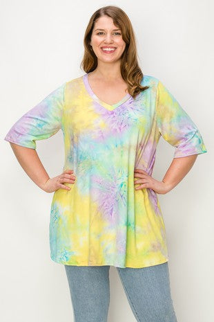 57 PSS {Coming And Going} Purple/Yellow Tie Dye V-Neck Tunic CURVY BRAND!!!  EXTENDED PLUS SIZE 4X 5X 6X