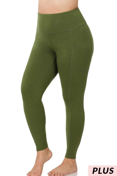 WIN {Gym Code} Army Green Cotton Pocket Leggings PLUS SIZE 1`X 2X 3X