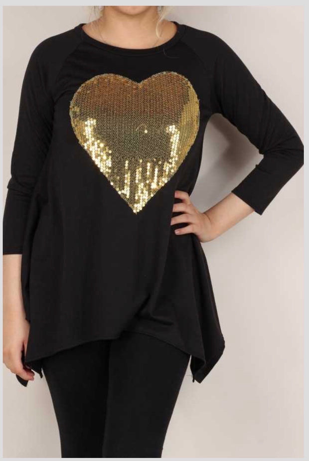 45-GT-B (My Heart is Golden) Black Tunic with Sequin Heart SALE!!!  PLUS SIZE 1X 2X 3X