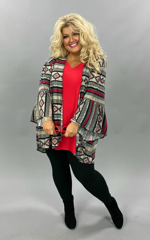 OT-C {Fall In Line} Black, Grey, Red Printed  Bell Sleeve Cardigan   PLUS SIZE 1X 2X 3X