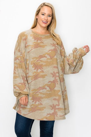 17 PLS {In My Sights} Mustard Camo Print Top EXTENDED PLUS SIZE 3X 4X 5X