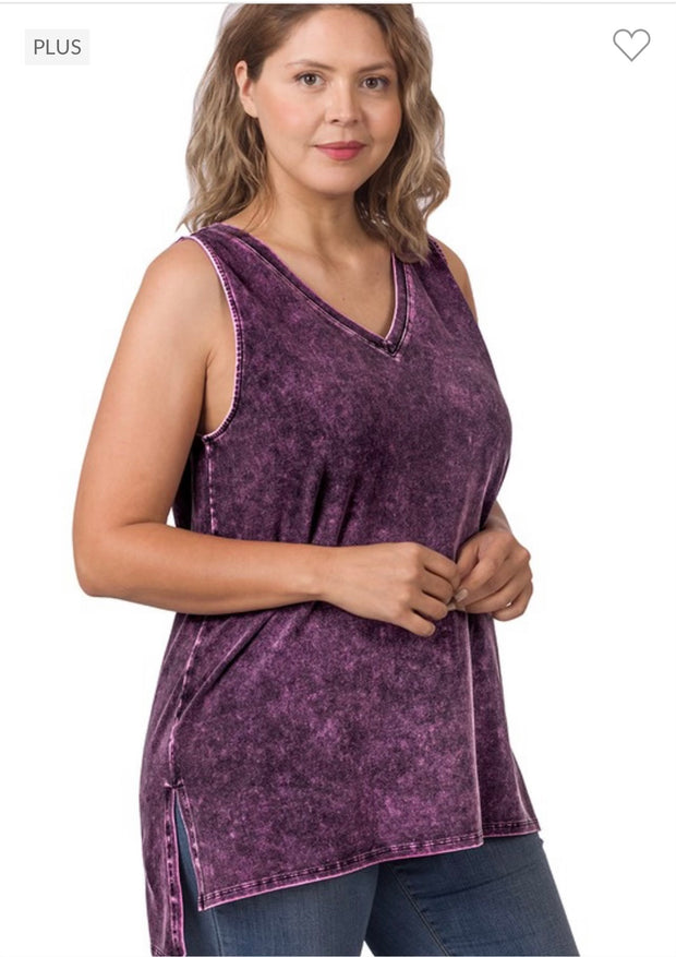 44 SV-I {Ease Along} Black Cherry Mineral Wash Sleeveless Top PLUS SIZE 1X 2X 3X