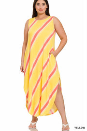 LD-R [Big Adventure} Yellow Stripe Print Maxi Dress PLUS SIZE 1X 2X 3X