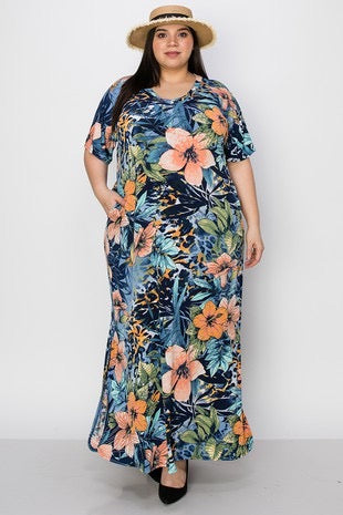 LD-I {Rooftop Gardens} Navy Floral V-Neck Maxi Dress  PLUS SIZE 3X 4X 5X
