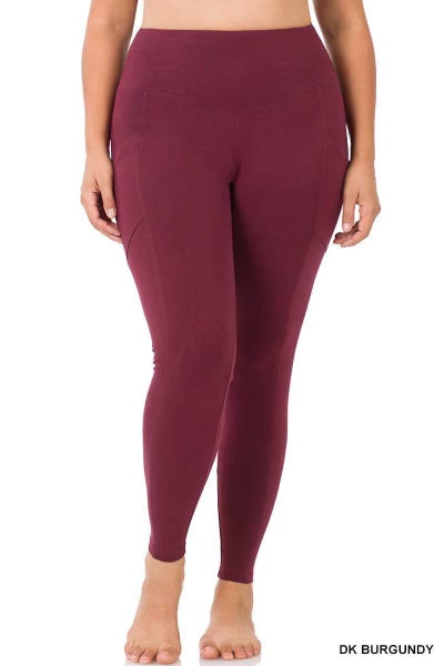 BT-99 {Gym Code} Dk Burgundy Cotton Pocket Leggings PLUS SIZE 1X 2X 3X