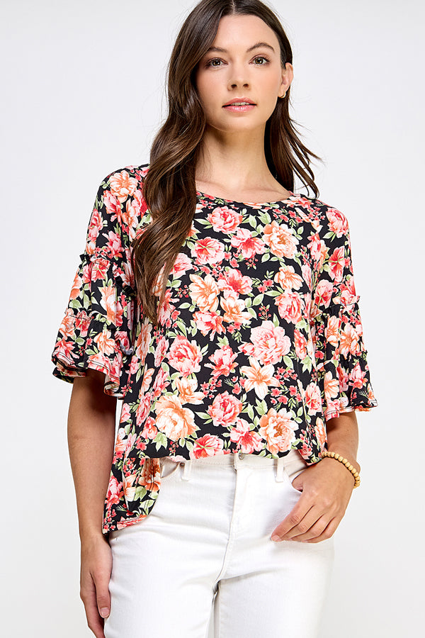 91 PQ {From The Garden} Black Floral Ruffle Sleeve Top PLUS SIZE XL 2X 3X