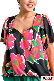 55 PSS {Ready To Party} Umgee Black Fuchsia Floral Top PLUS SIZE XL 1X 2X