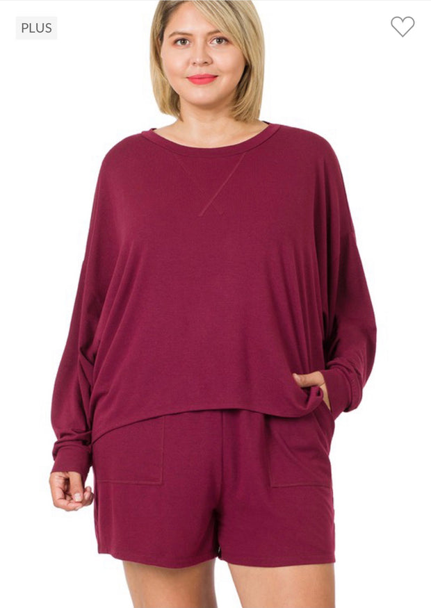 21 SET-E {The Good Life} Burgundy Long Sleeve Short Set SALE!!! PLUS SIZE 1X 2X 3X