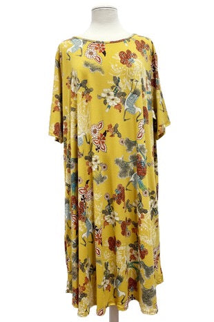 29 PSS-F {Second Nature} Mustard Bird Floral Print Dress EXTENDED PLUS SIZE 4X 5X 6X