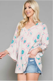 90 PSS-C {Following The Flower} Taupe Floral Print Top EXTENDED  PLUS SIZE 4X 5X 6X