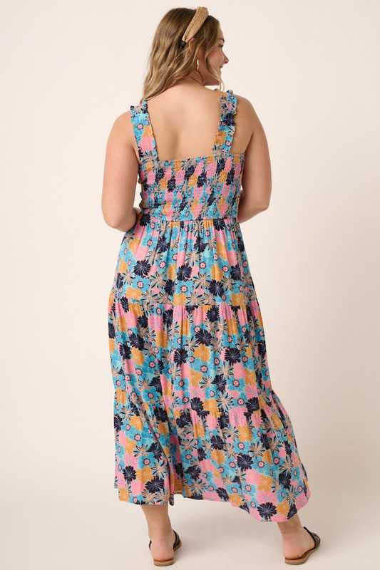 LD-P {Style That Fits You} Blue Floral Smocked Midi Dress PLUS SIZE XL 1X 2X