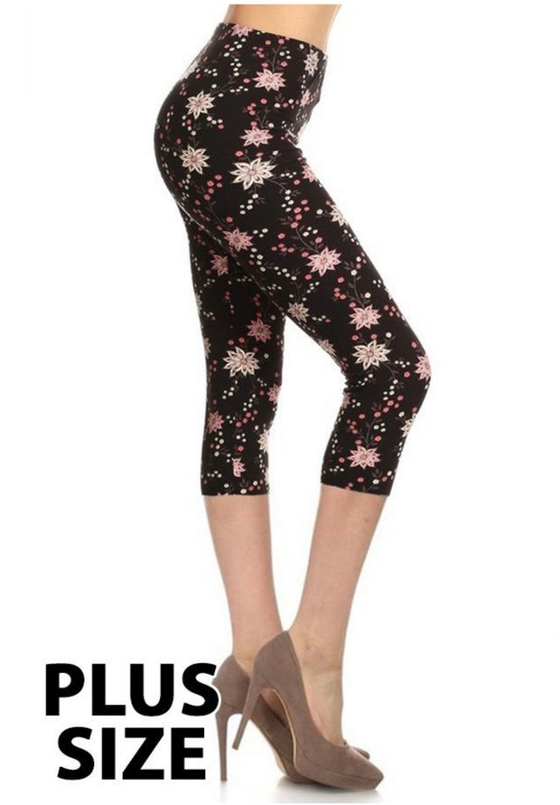 LEG-T {Beautifully Basic) Black Floral Butter-Soft YOGA Banded Leggings  PLUS SIZE