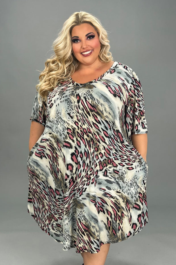 34 PSS-I {Beautiful Song} Pink/Grey Animal Print V-Neck Dress EXTENDED PLUS SIZE 3X 4X 5X