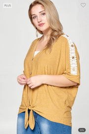 40 SD-D {Trust Your Instinct}  SALE! Tan Top w/Lace & Button Detail PLUS SIZE 1X 2X 3X