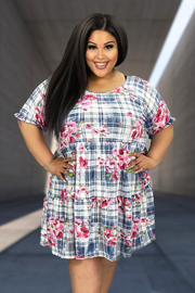34 PSS-C {Enjoy The View} Navy/White Plaid Floral Tiered Dress EXTENDED PLUS SIZE 3X 4X 5X