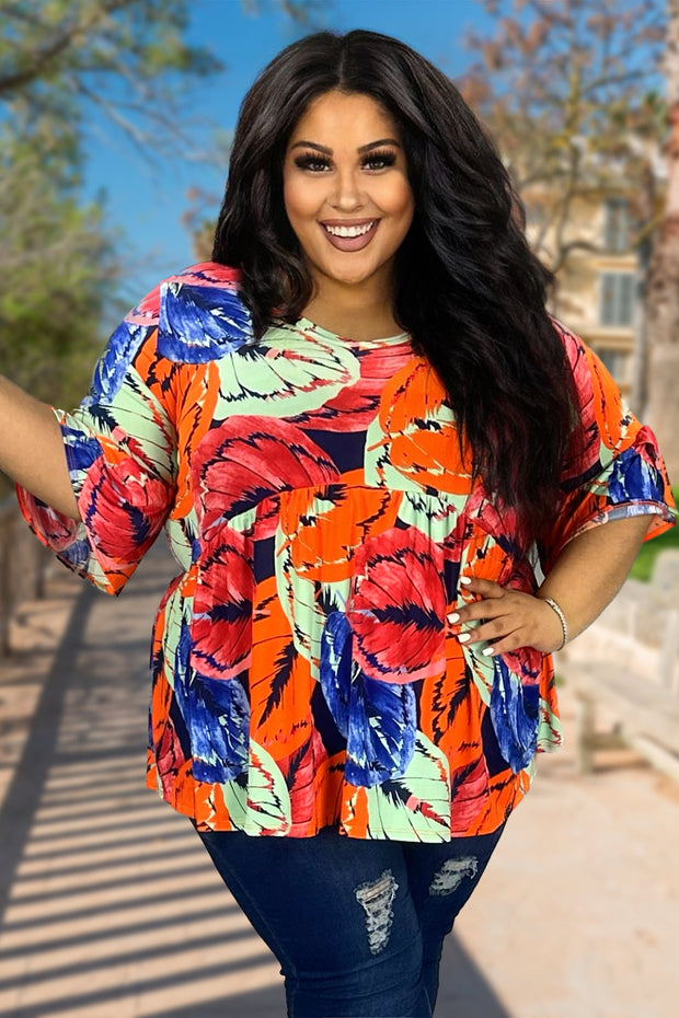 14 PSS-O {Going Leafy} Red/Orange Print V-Neck Babydoll Top EXTENDED PLUS SIZE 3X 4X 5X