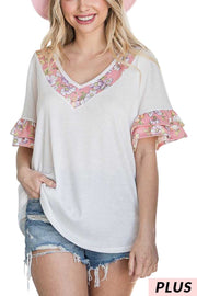 65 CP-A {Like A Dream} White Waffle V-Neck W Floral Detail PLUS SIZE 1X 2X 3X