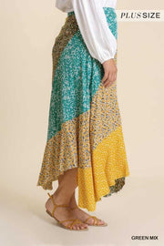 BT-M {Inner Goddess} Umgee Gold/Green Floral Print Skirt PLUS SIZE XL 1X 2X