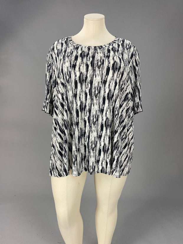 46 PSS {Luck All Around} Black Print Ruffle Sleeve Tunic CURVY BRAND!!!  EXTENDED PLUS SIZE 4X 5X 6X (May Size Down 1 Size)