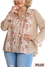 22  CP  {Rules For Success} Umgee Ivory Brown Floral Top PLUS SIZE XL 1X 2X