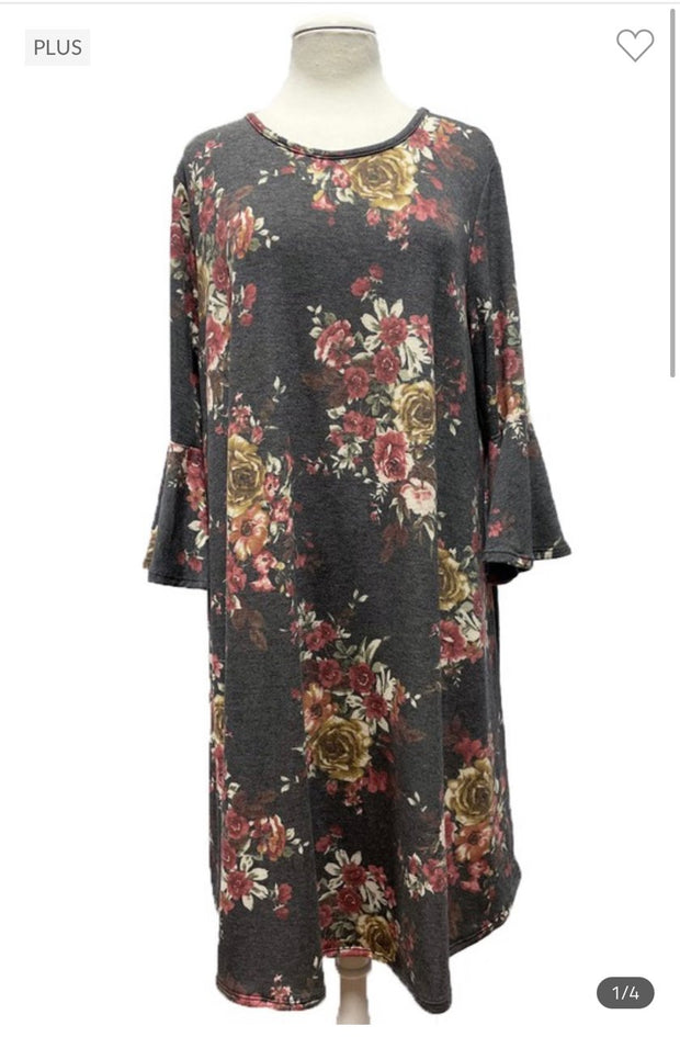 85 PQ-Z {Rose Kisses} Charcoal Floral Bell Sleeve Dress SALE!!!!   EXTENDED PLUS SIZE 3X 4X 5X