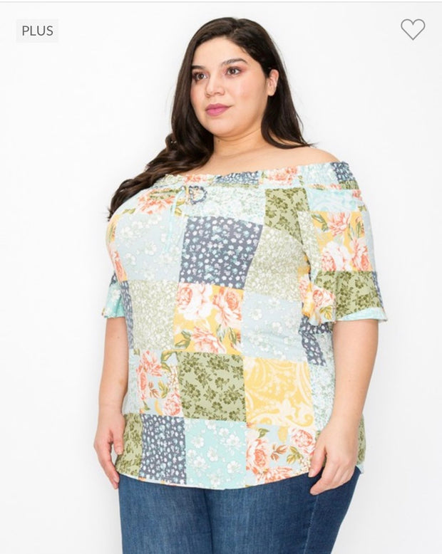 52 PSS-A {Anticipating Love} Multi-Color Print Smocked Neck Top PLUS SIZE XL 2X 3X