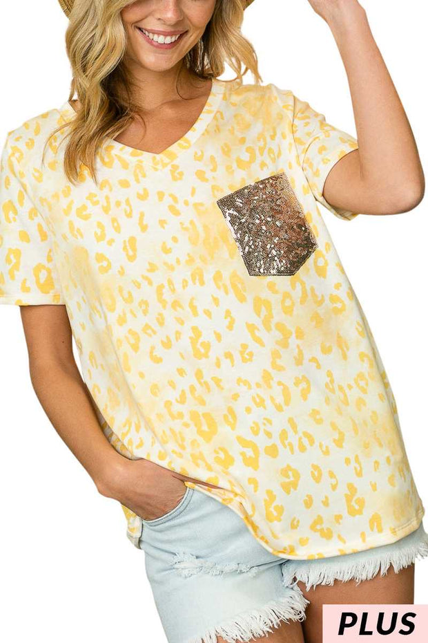 25 SD-O {Watch Out Baby} Yellow Animal Print Sequin Top PLUS SIZE 1X 2X 3X