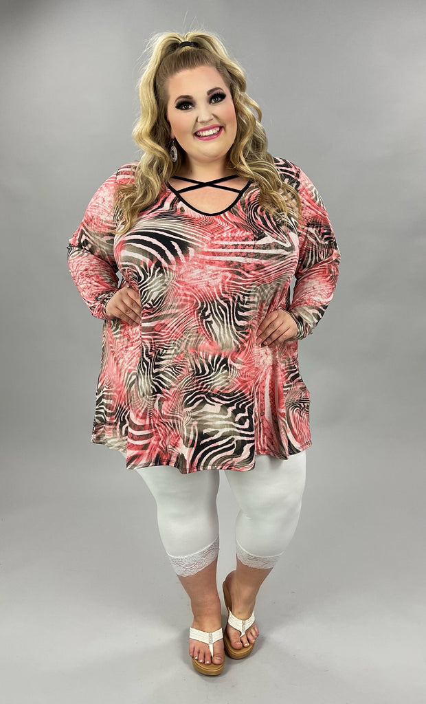 26 PQ-C {Wild Times} Pink Charcoal Printed Cross Neck Top EXTENDED PLUS SIZE 4X 5X 6X