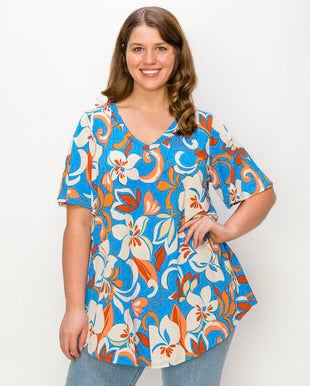 80 PSS-A {Floral Attitude} Blue Floral V-Neck Tunic CURVY BRAND!!!  EXTENDED PLUS SIZE 4X 5X 6X (May Size Down 1 Size}