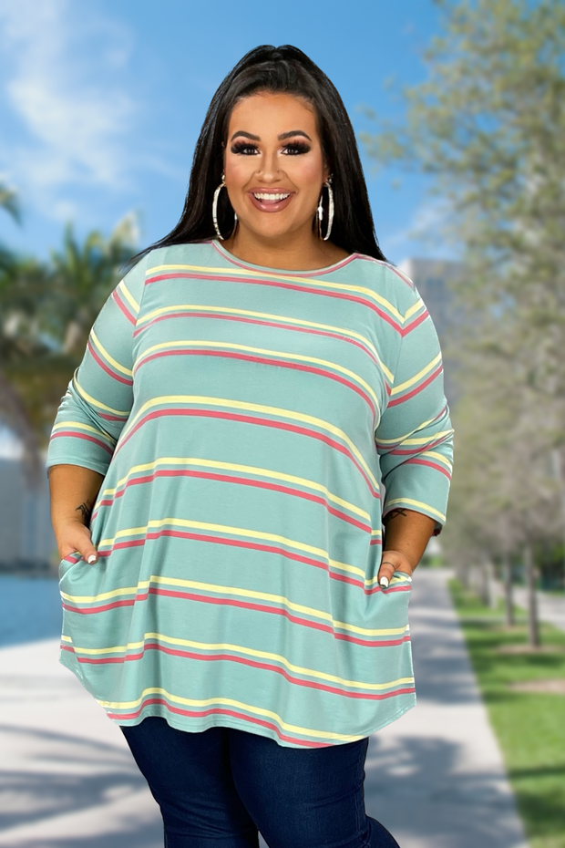 94 PQ-G {Sweet Moment Like This} SALE!! Sage Stripe Print Top PLUS SIZE XL 2X 3X