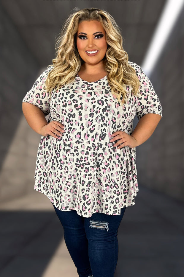 52 PSS {Searching For The Leopard} Ivory/Pink Leopard V-Neck Top EXTENDED PLUS SIZE 3X 4X 5X