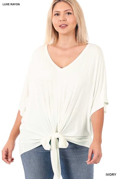 44 SSS-K {All Tied Up} Ivory V-Neck Front Tie Top PLUS SIZE 1X 2X 3X