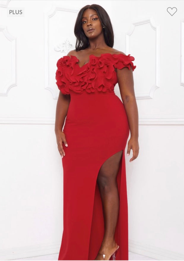 LD-M {Height Of Fame} Red Ruffle Maxi Dress w/Slit PLUS SIZE XL 2X 3X
