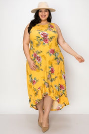LD-N {Pretty Blooms} Mustard Floral Print Hi/Low Maxi Dress PLUS SIZE XL 2X 3X