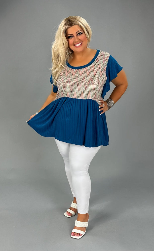 82 CP-P {Unique Feeling} Teal/Ivory Mix Babydoll Top PLUS SIZE XL 2X 3X